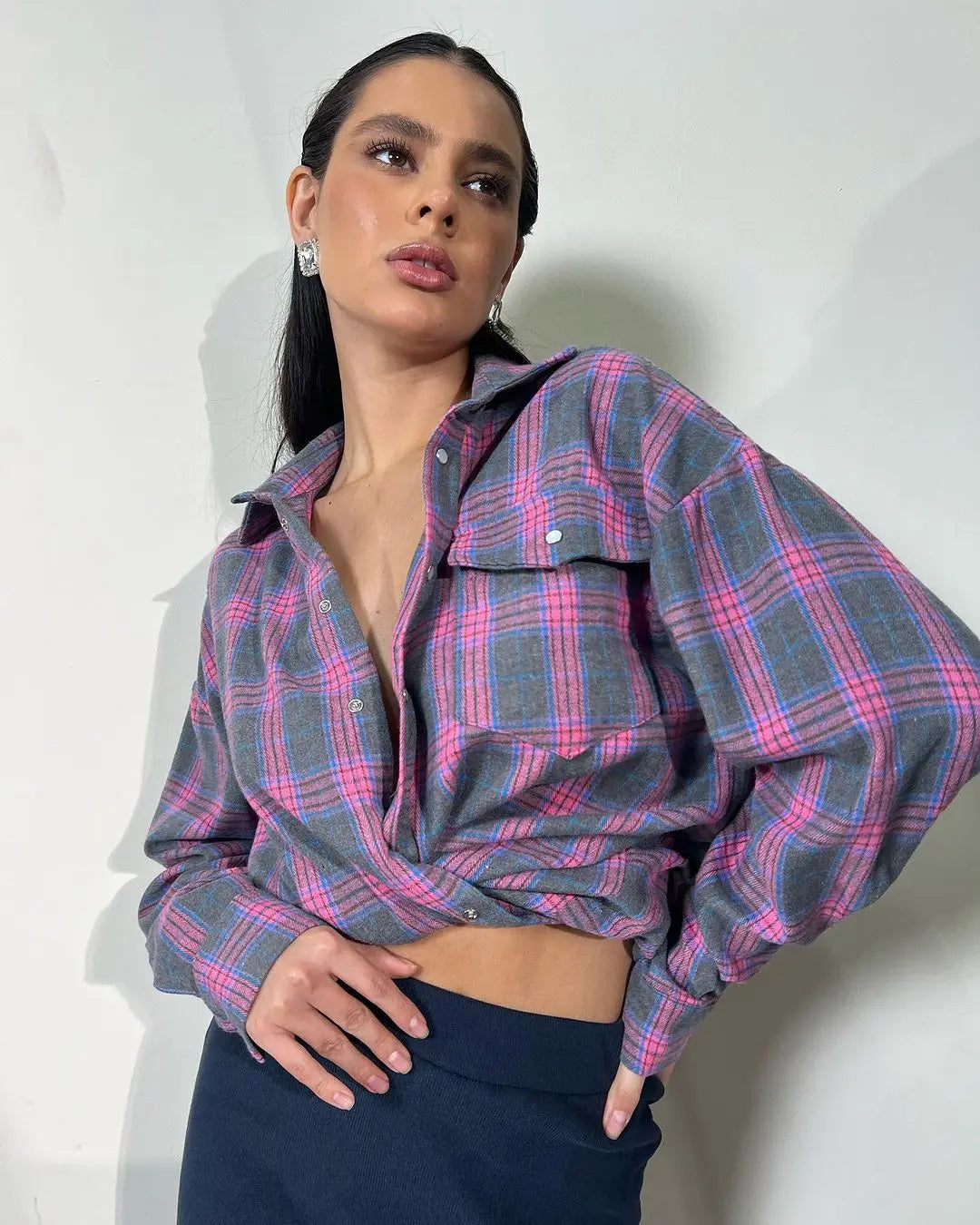 Relaxed-fit plaid shirt for women with a turndown collar, single-button placket and chest pocket. Mid-length, long-sleeve, literary retro style in extended sizes.