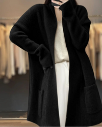 Wool Solid V-Neck Pocket Loose Long Knit Cardigan