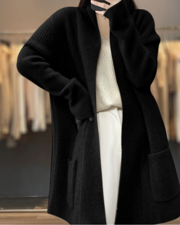Wool Solid V-Neck Pocket Loose Long Knit Cardigan