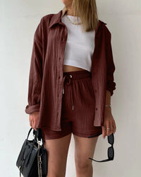 Stand Collar Long Sleeve Top & High Waist Shorts Set