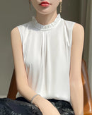 Loose And Casual Satin Vest T-Shirt With Ruffled Collar