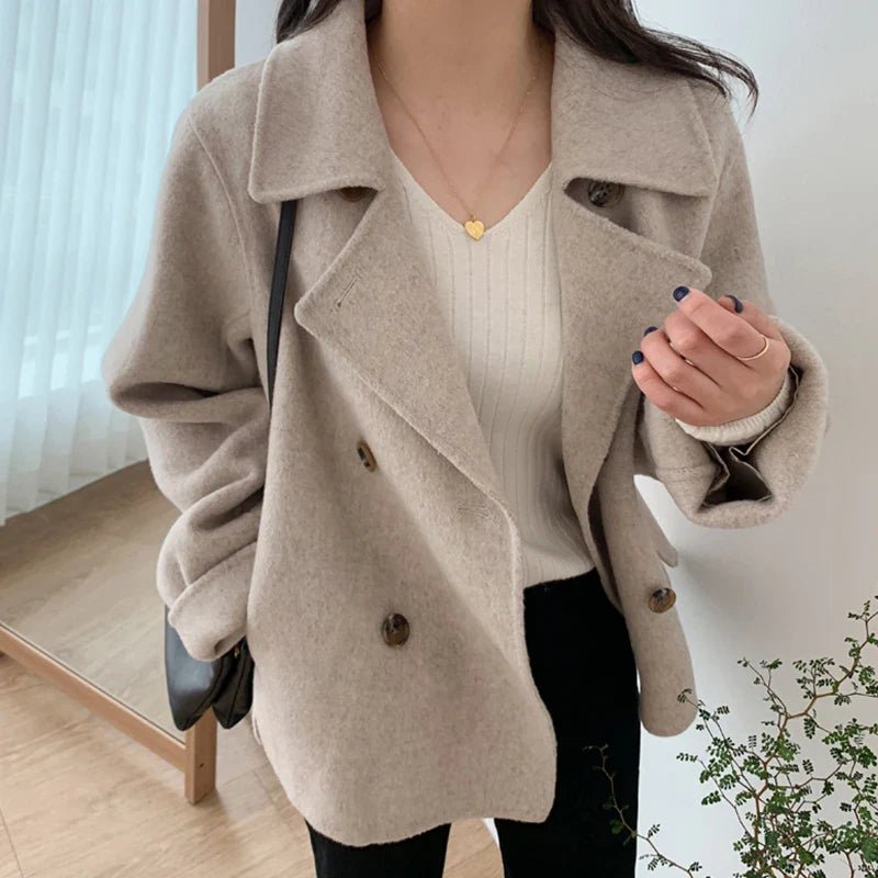 Turn Down Collar Double Breasted Short Wool Coat