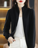 Merino Wool Solid Half-High Collar Zip Loose Knit Cardigan