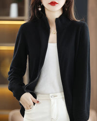 Merino Wool Solid Half-High Collar Zip Loose Knit Cardigan