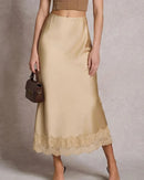Satin Lace Trim A-Line Maxi Skirt