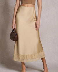 Satin Lace Trim A-Line Maxi Skirt