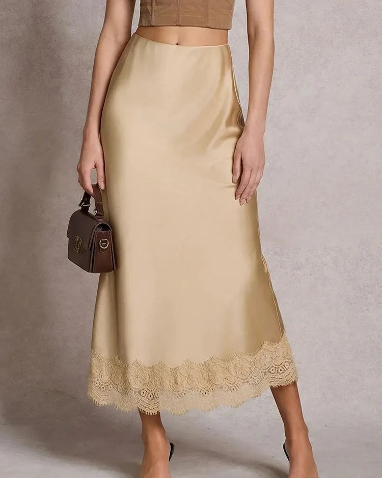 Satin Lace Trim A-Line Maxi Skirt