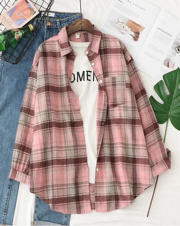 Plaid Lapel Single-Breasted Loose Shirt