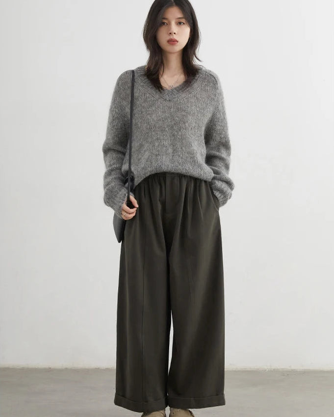 High-Waist Pleated Wide-Leg Casual Trousers