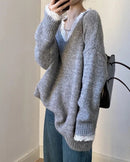 Soft V-Neck Lace-Trimmed Loose Knit Sweater