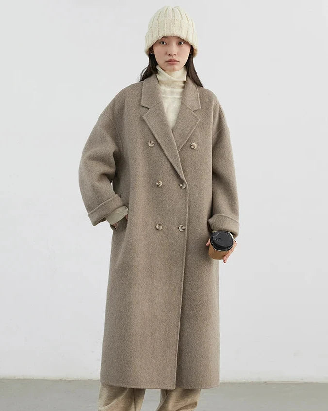 Double-Breasted Wool Blend Long Coat