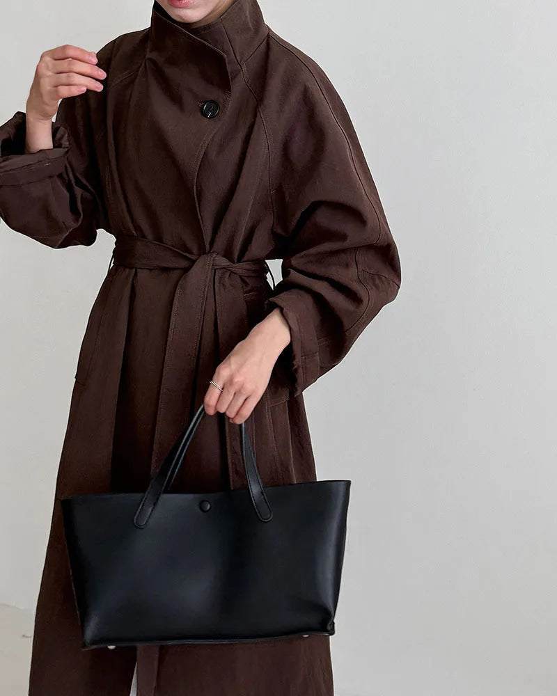 Minimalist Stand-Collar Belted Trench Coat