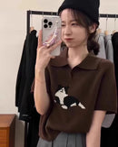 Cat-Pattern Collared Wool Knit Top