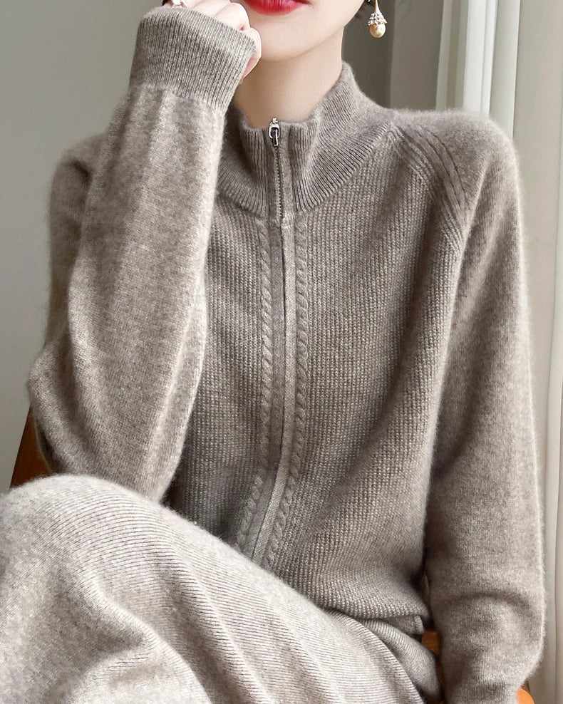 Wool Stand Collar Zip Cardigan