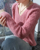 Openwork Mink Cashmere V-Neck Sweater