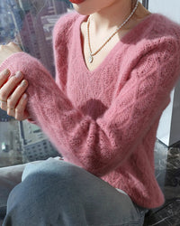 Openwork Mink Cashmere V-Neck Sweater