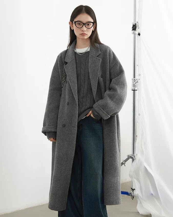 Double-Breasted Wool Blend Long Coat