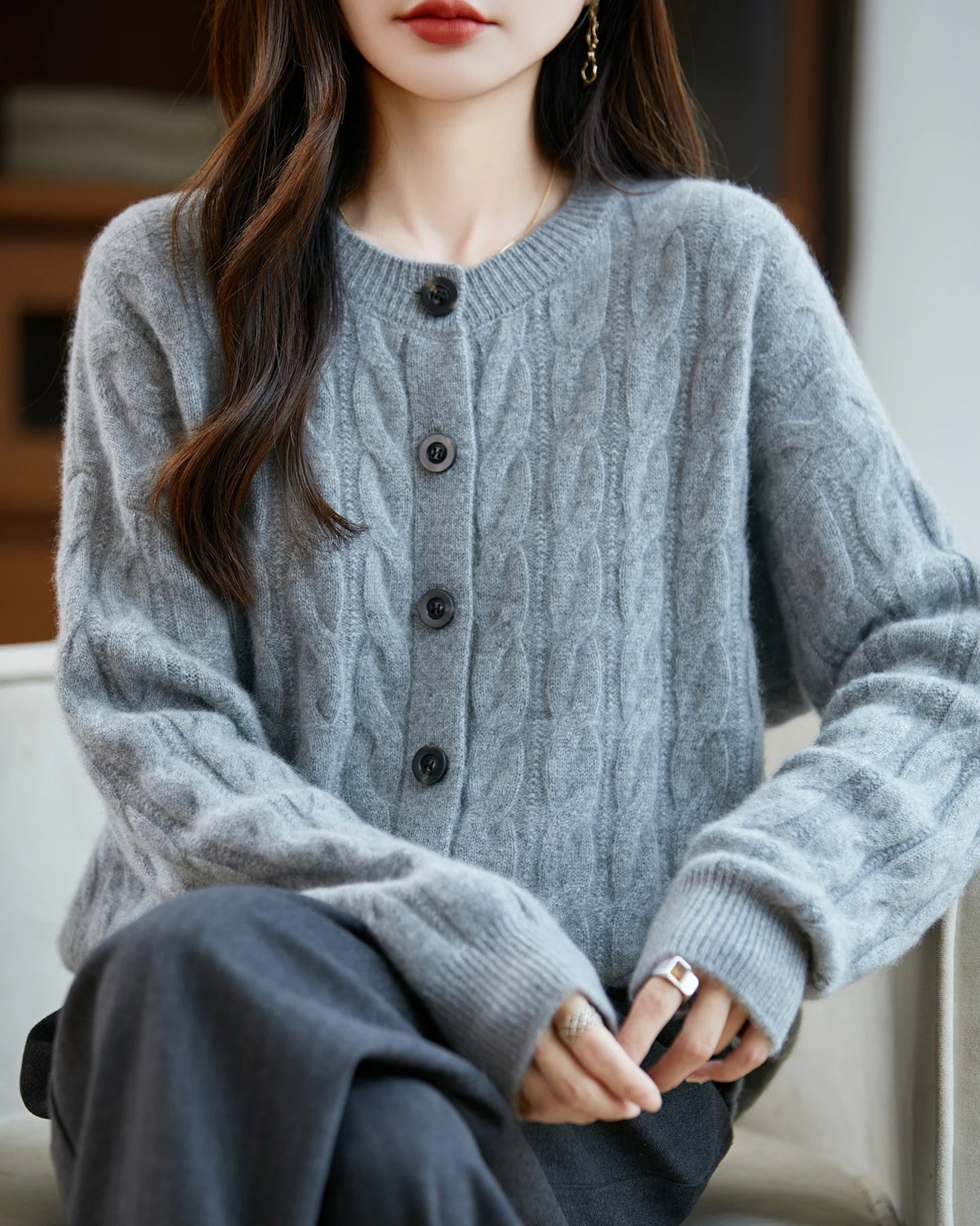Wool O-Neck Twisted Single-Breasted Cardigan Sweater