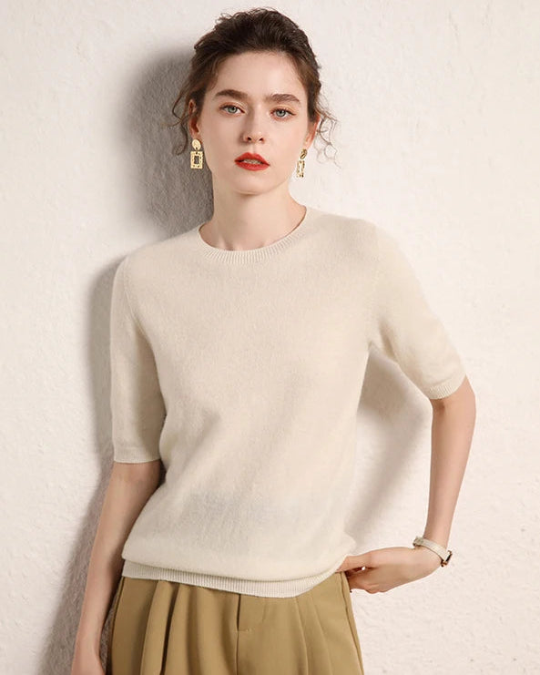 Cashmere Crewneck Half-Sleeve Top
