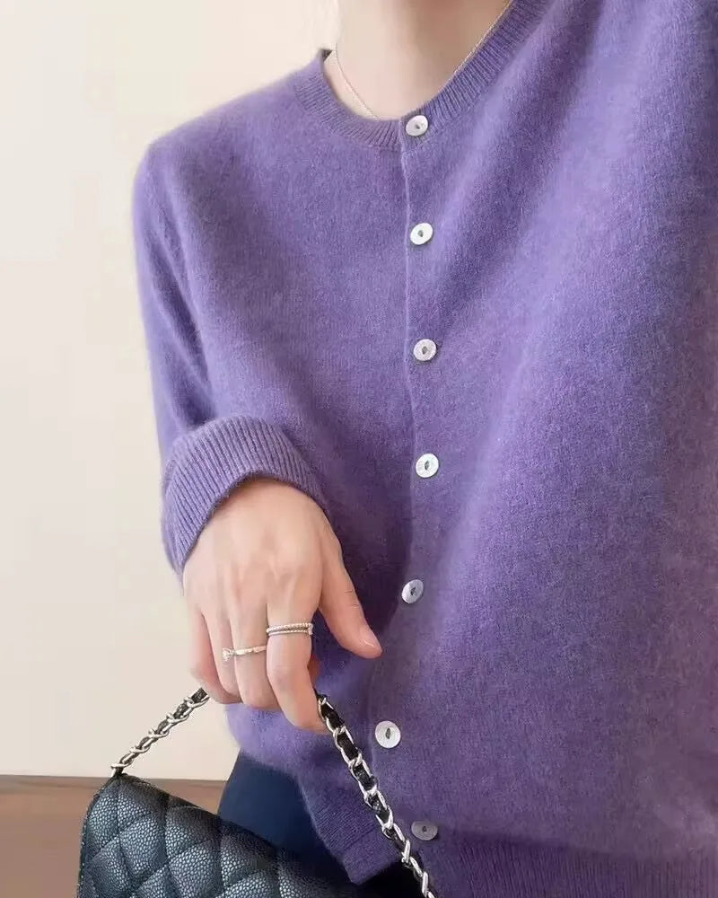 Pure Wool Round-Neck Slim Cardigan