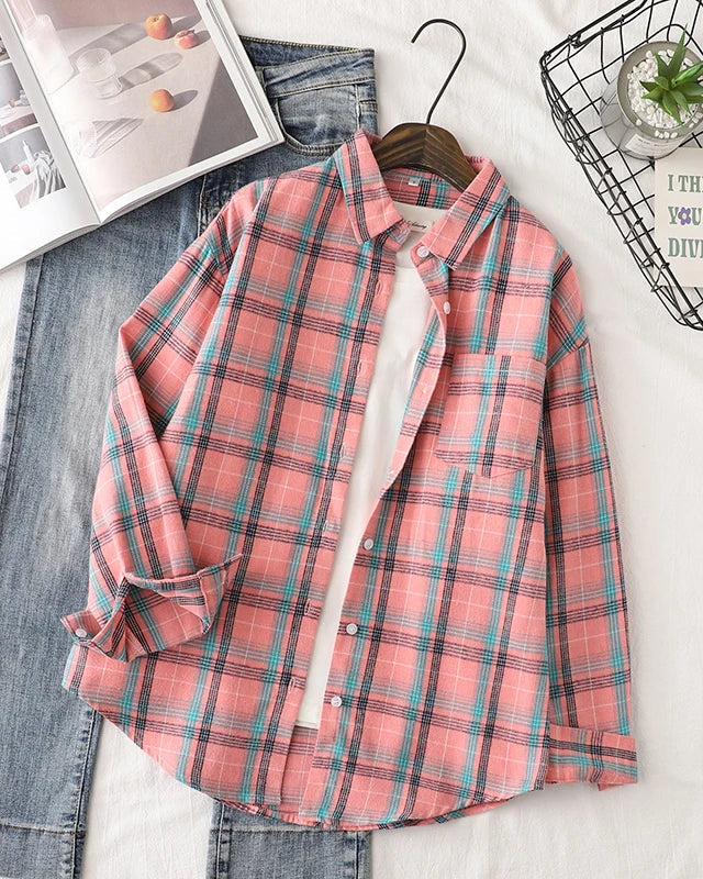 Plaid Lapel Single-Breasted Loose Shirt