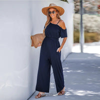 Open Shoulder Short Sleeve Wide Leg Jumpsuit