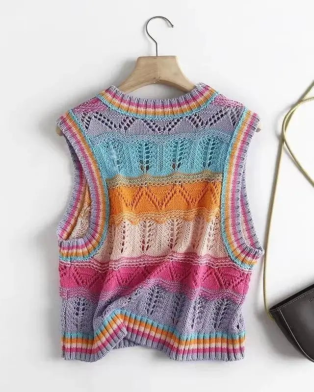 Rainbow Acrylic Knitted O-Neck Hollow Out Vest