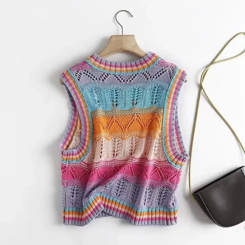 Rainbow Acrylic Knitted O-Neck Hollow Out Vest