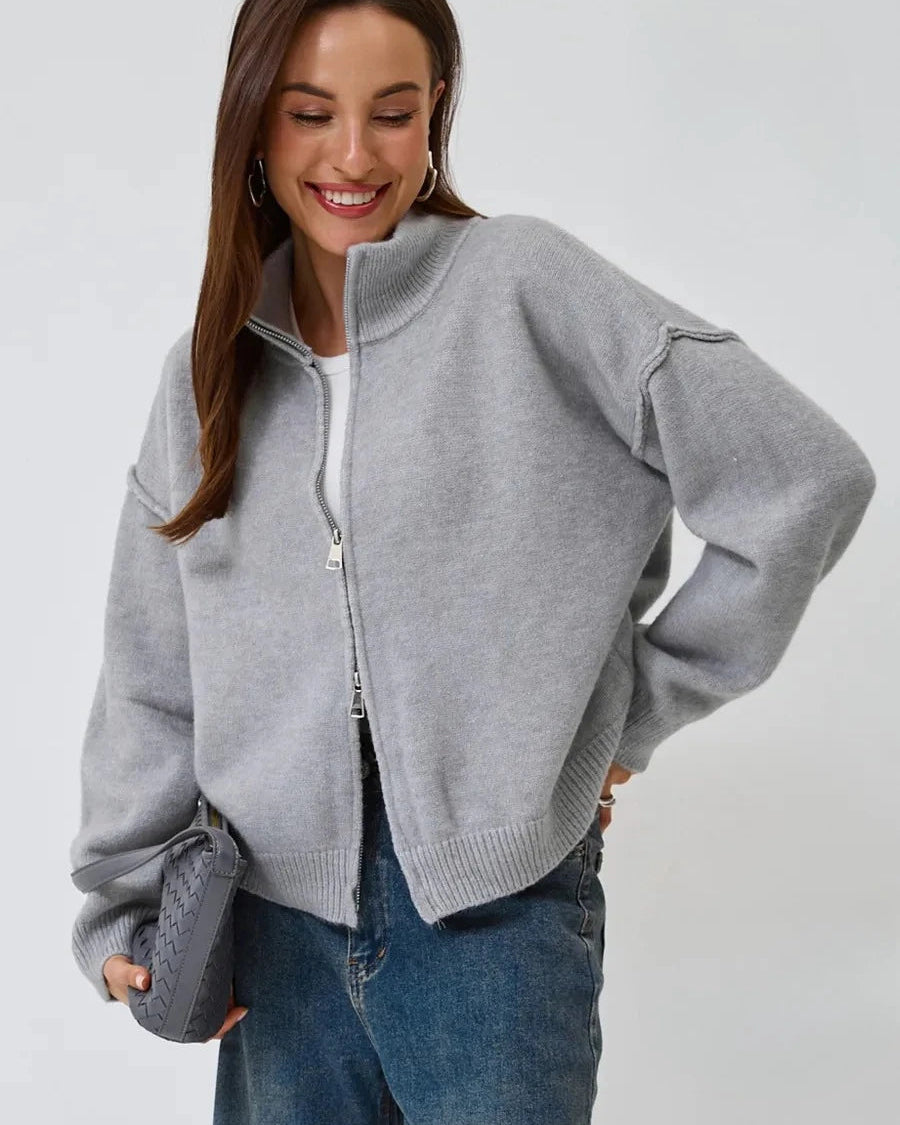 Oversized Knit Zip Cardigan Stand Collar