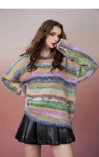 Plus Size Rainbow Striped Pullover Sweaters