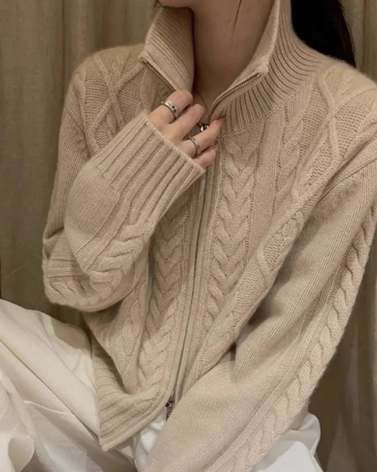 Cashmere Turtleneck Zip-Up Loose Open Cardigan Sweater