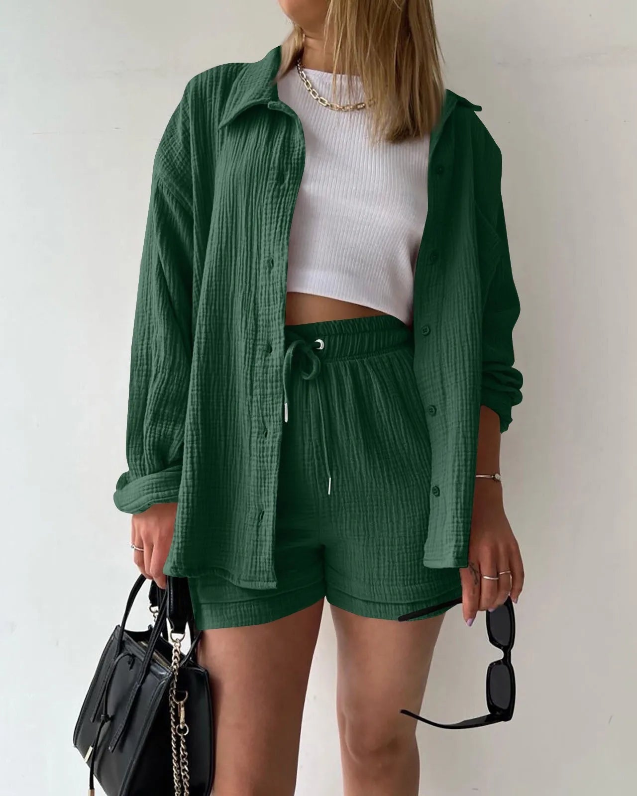 Stand Collar Long Sleeve Top & High Waist Shorts Set