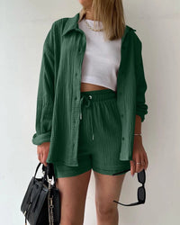 Stand Collar Long Sleeve Top & High Waist Shorts Set