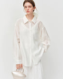 lyocell lace bow blouse — relaxed fit, V-neck, full-button opening. Soft romantic style for effortless spring-summer dressing. 