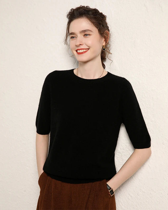 Cashmere Crewneck Half-Sleeve Top