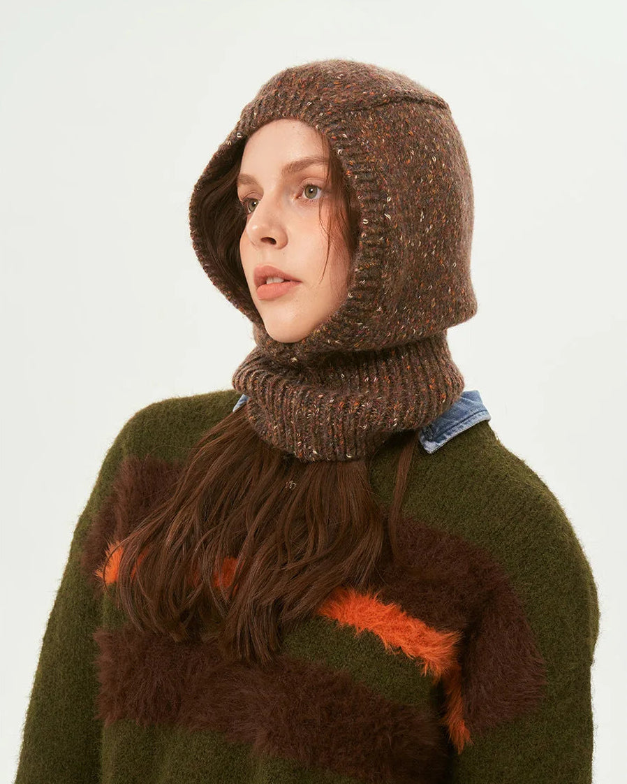 Unisex Knit balaclava beanie featuring a sculpted minimalist collar, one-piece neck coverage, and breathable wool-blend fabric, perfect for outdoor winter sports or cold weather layering.