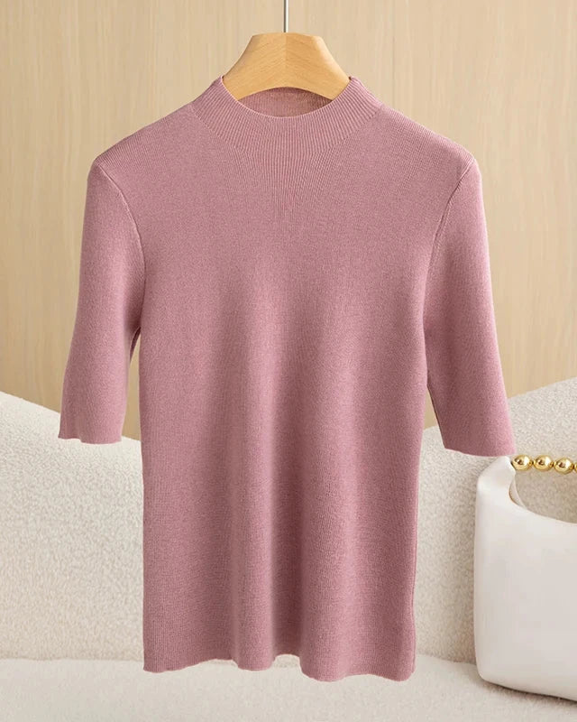 Wool Mock Neck Half Sleeve Top
