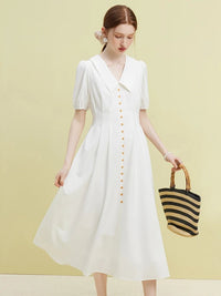 Solid Pleated Polo Neck Puff Sleeve Dress