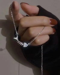 Silver Crystal Fish Bone Pendant Clavicle Necklace