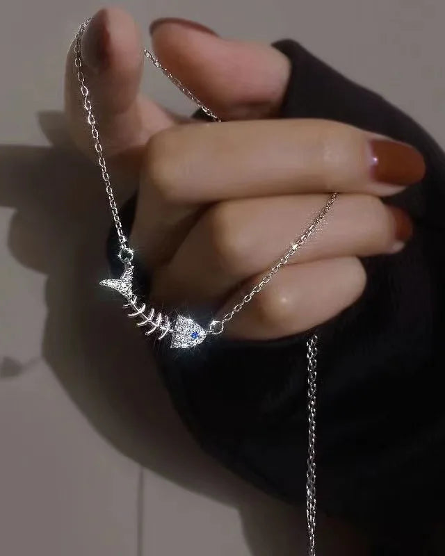 Silver Crystal Fish Bone Pendant Clavicle Necklace