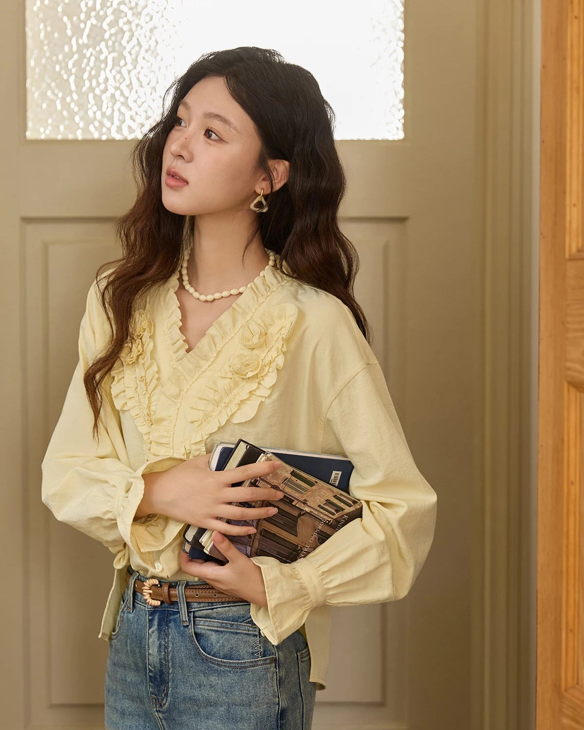 Hand-Sewn Rose Lantern-Sleeve Shirt