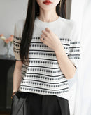 100% cotton striped jacquard crew neck knit tee for women. Lightweight, breathable short sleeve top in 2 colors — casual style for summer.