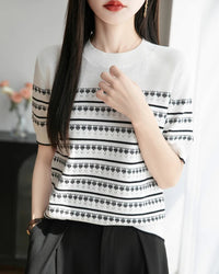 100% cotton striped jacquard crew neck knit tee for women. Lightweight, breathable short sleeve top in 2 colors — casual style for summer.