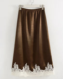 Satin And Lace-Paneled A-Line Midi Skirt