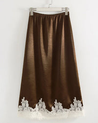 Satin And Lace-Paneled A-Line Midi Skirt