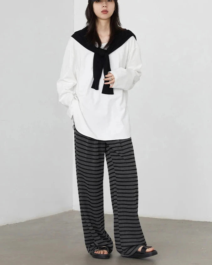 Pleated Striped Wide Leg Trousers