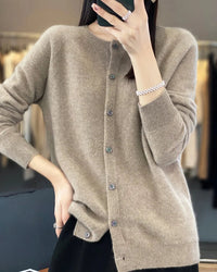 Wool O-Neck Seamless Single-Breasted Open Cardigan Sweater