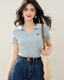 Ribbed Polo Collar Knit Short Sleeve Top
