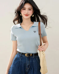 Ribbed Polo Collar Knit Short Sleeve Top