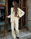 Loose Knit Cardigan & Elastic Waist Trousers Set